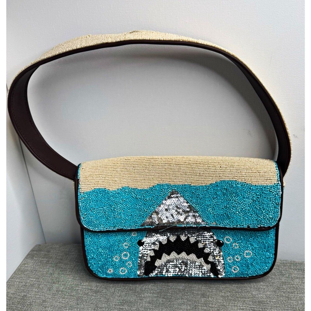 STAUD Blue/Ivory Beaded Embroidered Shark Lined Shoulder Bag